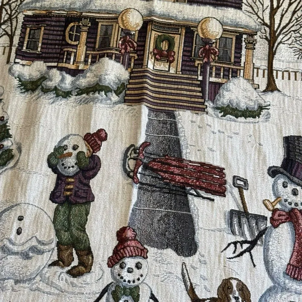 VINTAGE CHRISTMAS AFGHAN TAPESTRY‎ THROW FRINGE 48” x 60” DOG HOUSE SNOWMAN